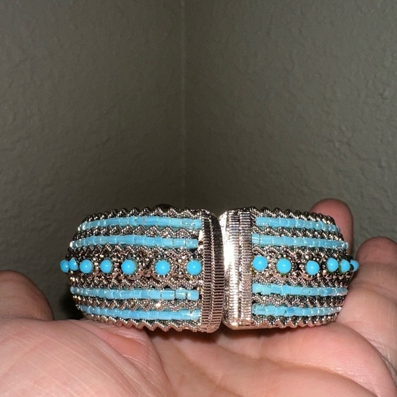 Silver Beaded bangle bracelet with turquoise beads hinged - Picture 1 of 5